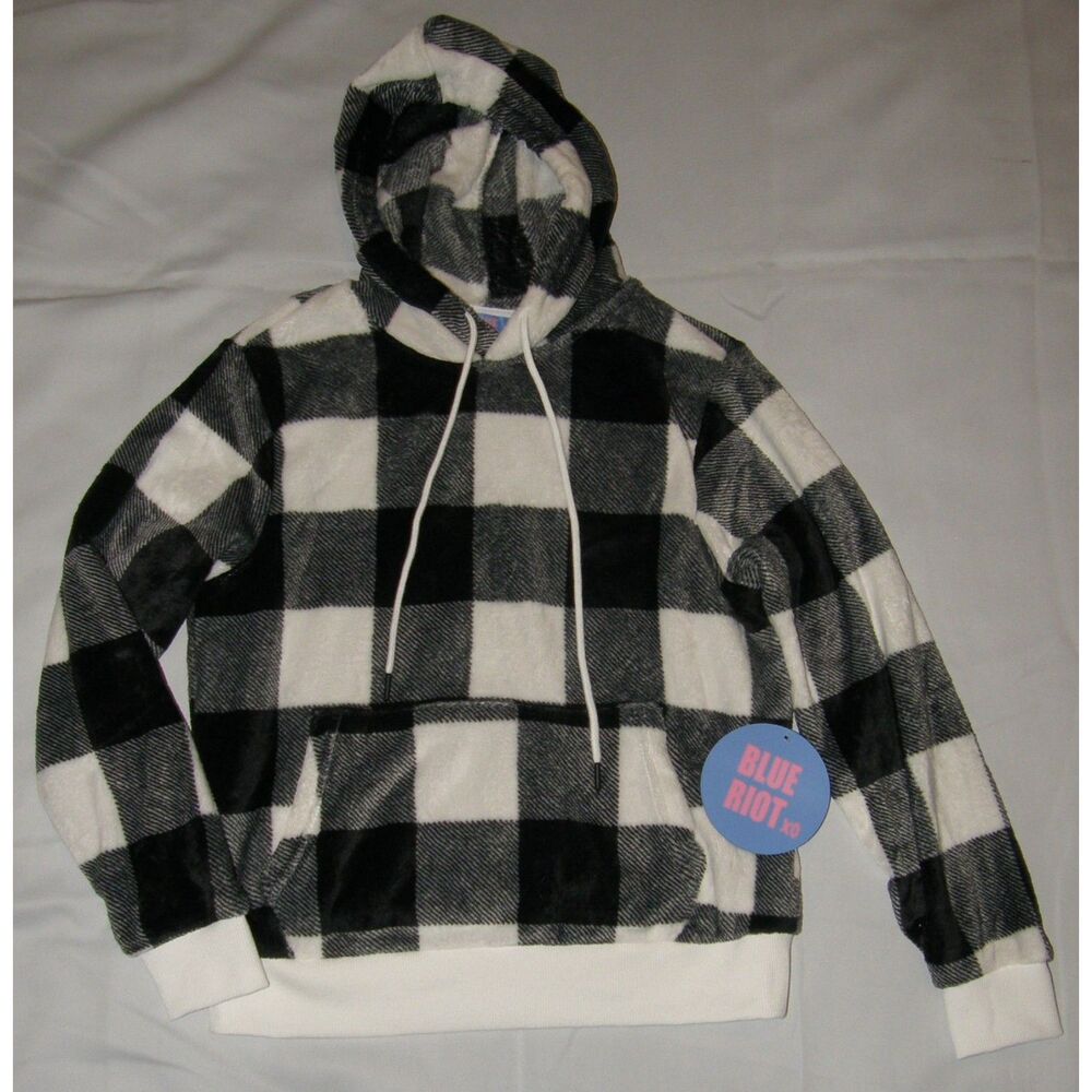 BLUE RIOT Black & White Plaid Sz Small Soft Velour Comfy Cozy Hooded Shirt NEW